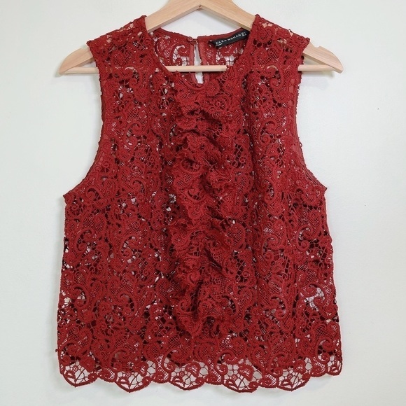 ZARA  | BURGUNDY LACE RUFFLE FRONT TOP - Picture 2 of 10